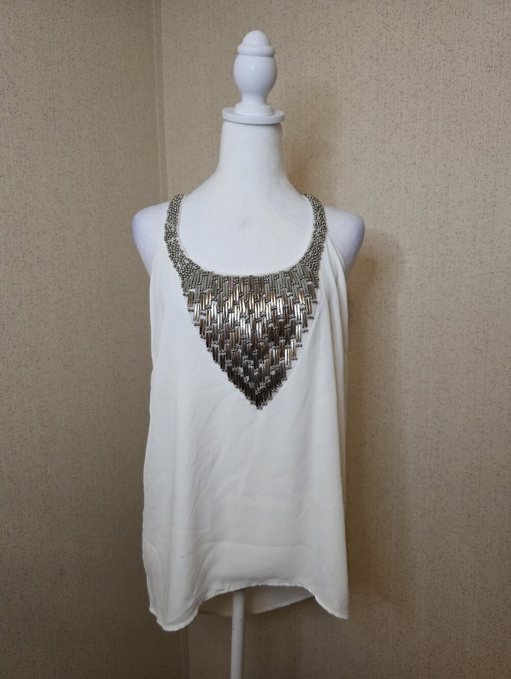 Womens "XOXO" White Sleeveless Halter Tank Top With a Metallic Bib Embellisment